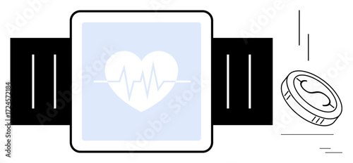 Smartwatch displaying heart rate on screen with a falling coin, representing fitness tracking, modern technology, and financial considerations. Ideal for health, fitness, technology, fintech