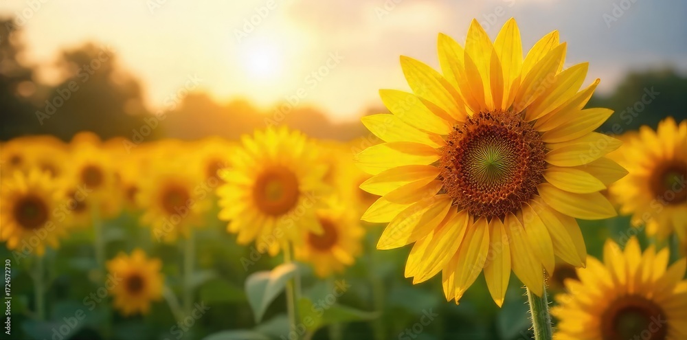 Fototapeta premium Vibrant yellow sunflowers bask in the warm sunlight, their faces turned towards the sun in a field of blooming happiness Perfect for summer, nature, and agriculture themes , summer, bright yellow