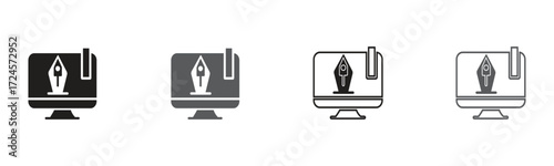 Creative design monitor screen showcases a fountain pen sketch, perfect for graphic design, modern technology, and artistic presentations. Ideal for studio or office.