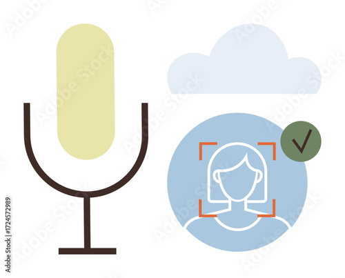 Microphone, cloud, face recognition with checkmark indicating approval. Ideal for technology, security, AI, cloud storage, identification data privacy verification. Simple flat metaphor