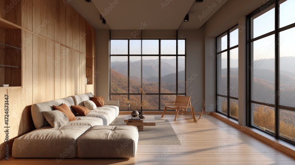 Obraz premium Sunset Japandi Style Living Room in Modern Hillside House