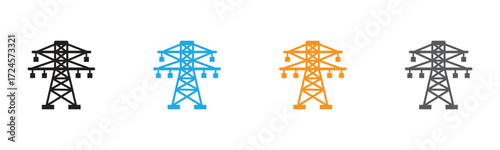 Illustrative power line towers in vibrant colors symbolize modern energy infrastructure and reliable electricity transmission for a sustainable future on clean white background.