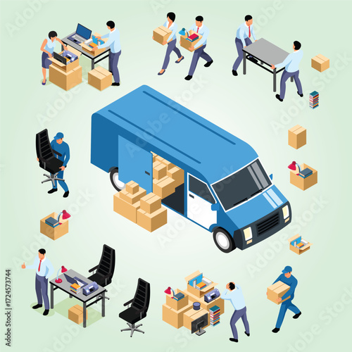 Isometric Detailed Office Relocation and Moving Service with Boxes and People