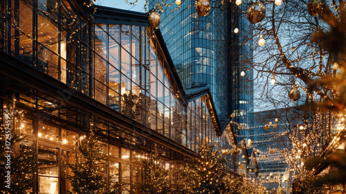 Wallpaper Mural Beautifully decorated urban street scene features glass buildings adorned with festive lights and ornaments, creating warm and inviting holiday atmosphere. modern architecture contrasts with Torontodigital.ca