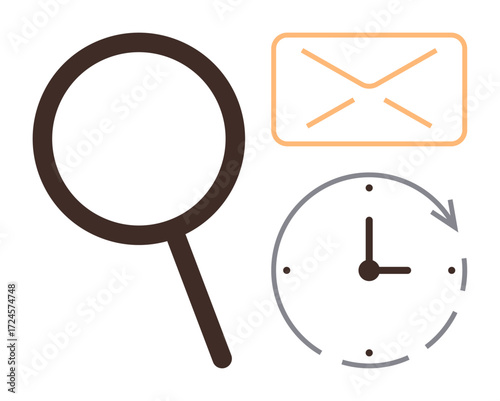 Magnifying glass, email envelope, and clock with an arrow convey search, communication, and time tracking. Ideal for productivity, organization, digital tools, business scheduling communication