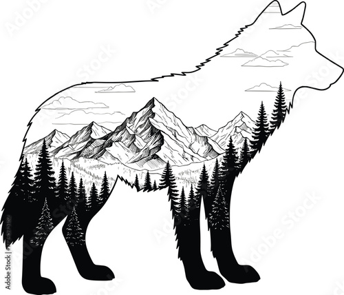 PrintWolf silhouette landscape vector illustration, mountain and forest scene, double exposure wildlife art, black icon design for nature, animal, and adventure themes