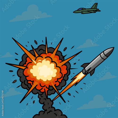 This illustration depicts a missile exploding in mid-air with a large burst of fire, smoke, and debris