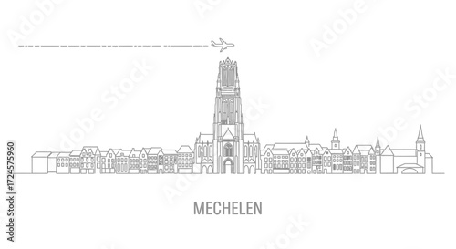 Mechelen skyline with Belgium Minimalist line art.