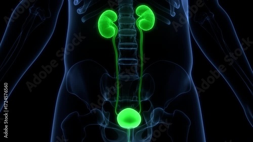 Human Urinary System Kidneys with Bladder Anatomy Animation Concept