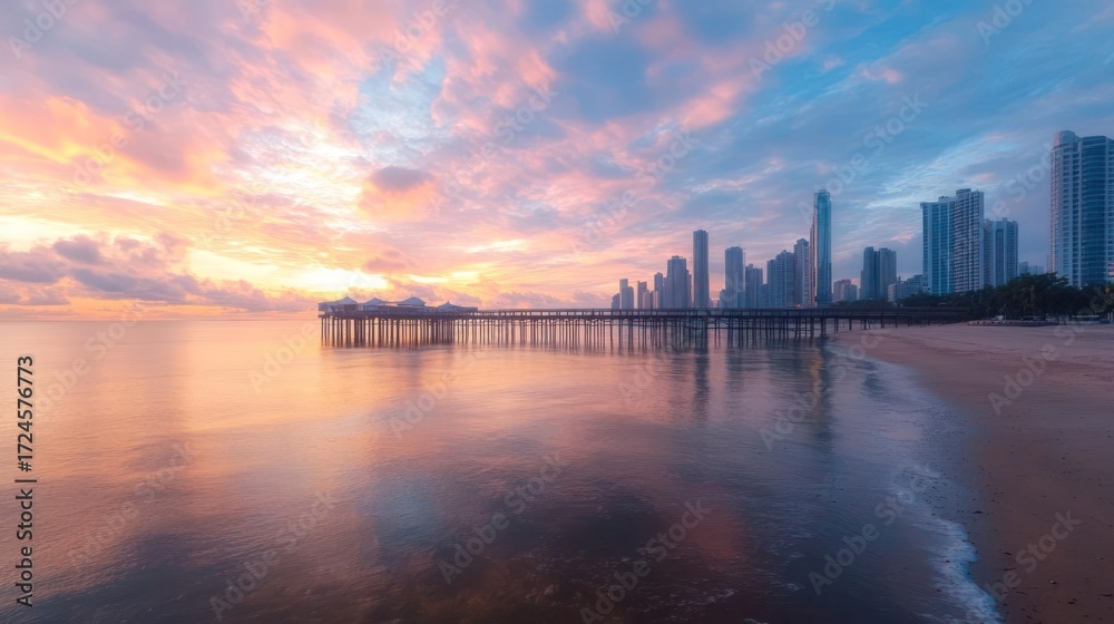 Obraz premium Coastal Dawn Panorama: A serene cityscape with a long pier under a vibrant sky