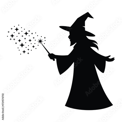 Silhouette of a witch casting a spell with a wand and stars