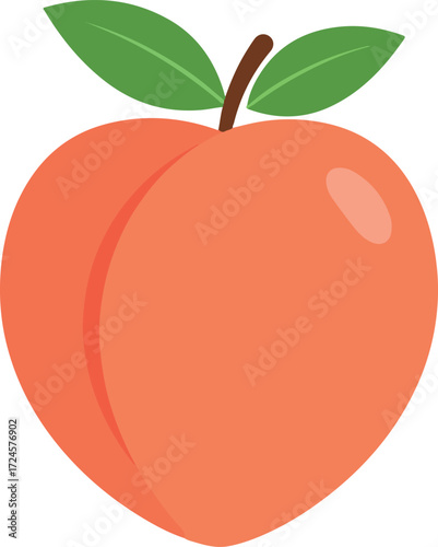 A ripe peach with green leaves and a brown stem ready to eat.