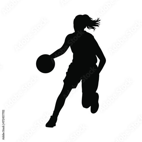 Silhouette of a female basketball player dribbling the ball