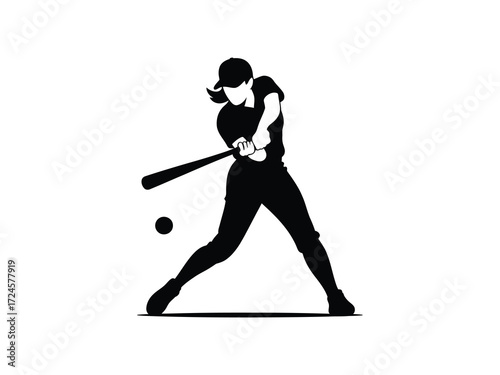Silhouette of a female baseball player swinging a bat at a ball