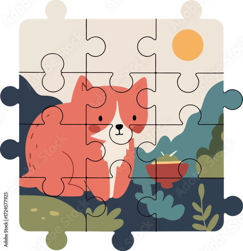 Adorable cat puzzle piece illustration with a cute expression and design.