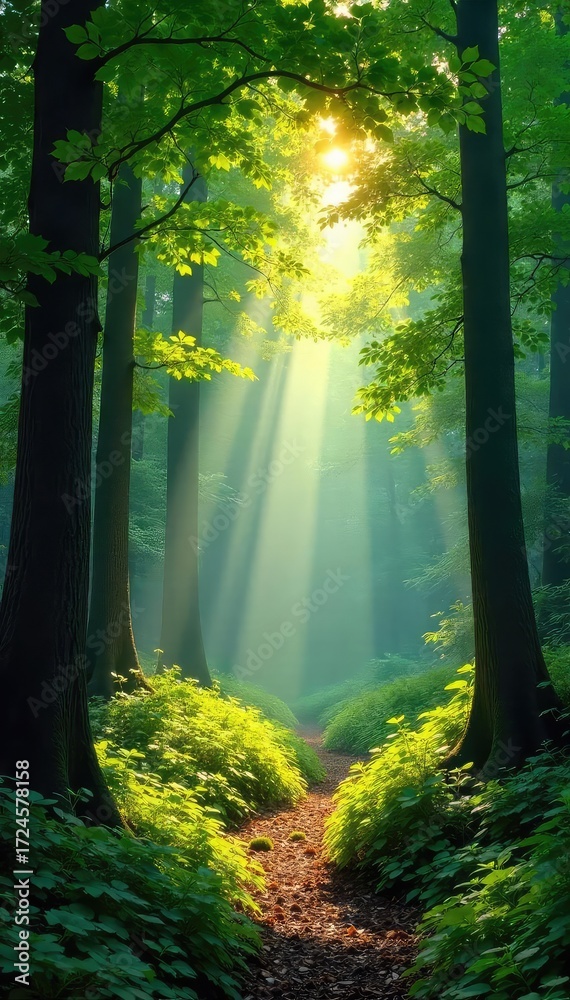 Obraz premium Sunlight streams through the canopy of a lush forest, illuminating vibrant green foliage and dappled shadows on the forest floor A perfect summer day in the woods , woodland, timber