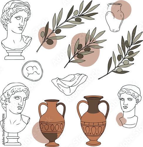 Ancient Greek art elements including busts vases and olive branches isolated on white.