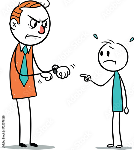 Angry boss scolding employee for being late at work and pointing.