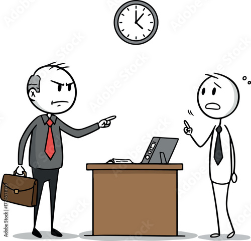 Angry boss scolding employee for being late at work.