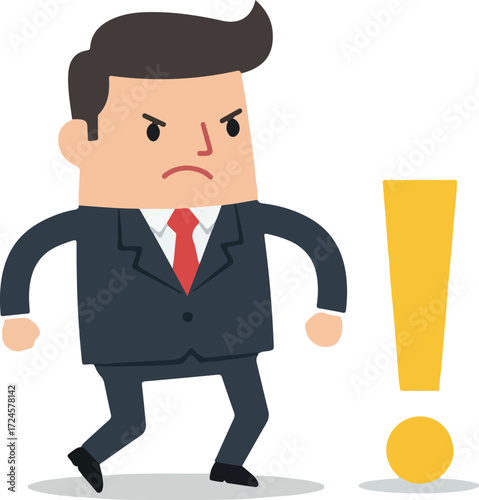 Angry businessman with red tie and suit near yellow exclamation mark.