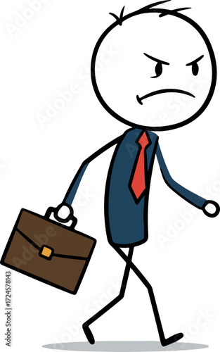 Angry businessman walking with briefcase expressing frustration and stress.