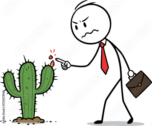 Angry businessman points at cactus a symbol of frustration and challenge.