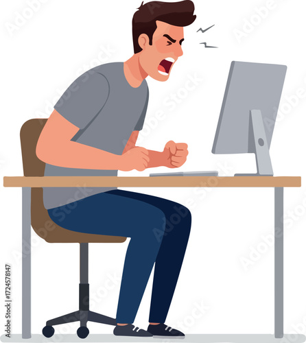 Angry man frustrated with computer problems at his desk.