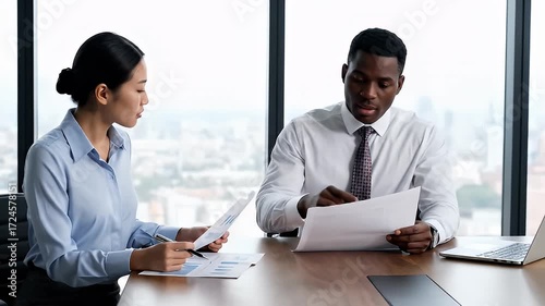 Diverse Business Professionals Collaborating on Financial Reports in Modern Office Meeting Room