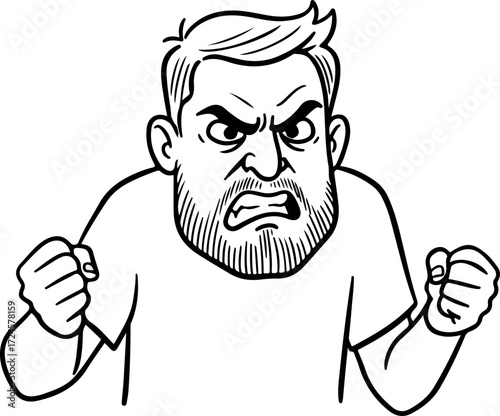Angry man with beard showing frustration and clenched fists.
