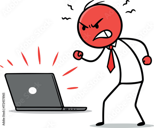 Angry stick figure man frustrated with a laptop computer.