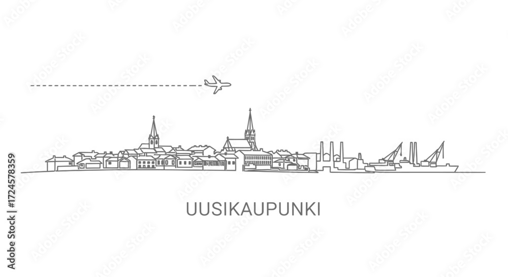 Fototapeta premium Uusikaupunki Finland Skyline and Airplane Line Art