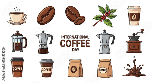 International Coffee Day Illustration Featuring Coffee Beans and Brewing Devices