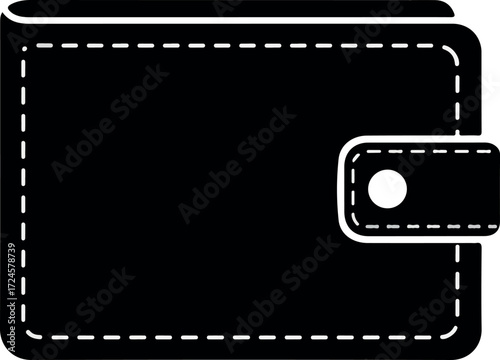 Black leather wallet with white stitching and a button clasp for storing money.