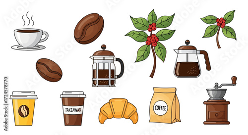 Various coffee related items including beans, plants, cups, croissant, grinder and French press