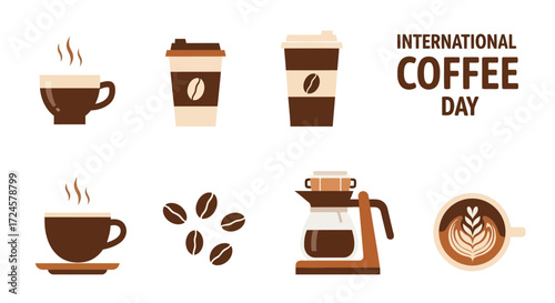 A vibrant collection of coffee essentials, featuring steaming cups, robust beans, and intricate latte art, celebrating the global appeal of this beloved beverage
