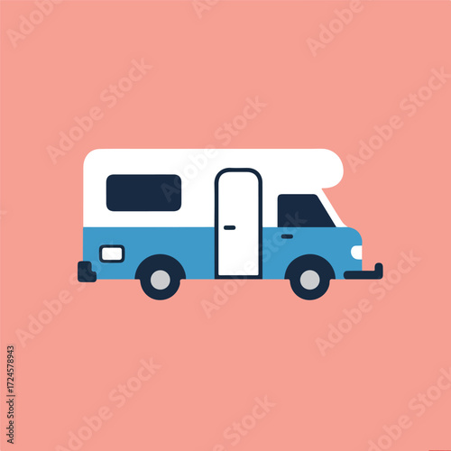 Blue and white camper van illustration on a pink background for travel.