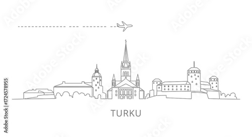 Turku Finland City Skyline Line Art Airplane Travel