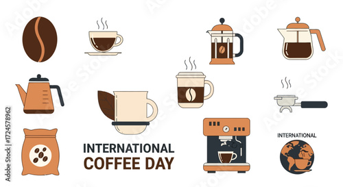 A comprehensive collection of coffee-themed icons and elements, perfect for celebrating International Coffee Day or any caffeine-related design