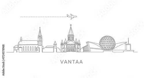 Vantaa Finland Skyline Landmark Line Art with Airplane