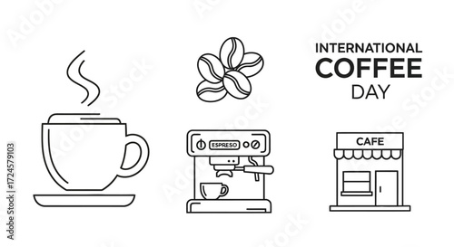 International Coffee Day celebration with coffee cup, beans, and cafe illustration
