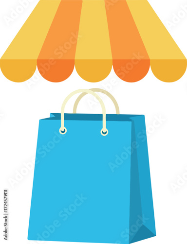 Blue shopping bag under a striped awning representing retail and commerce.