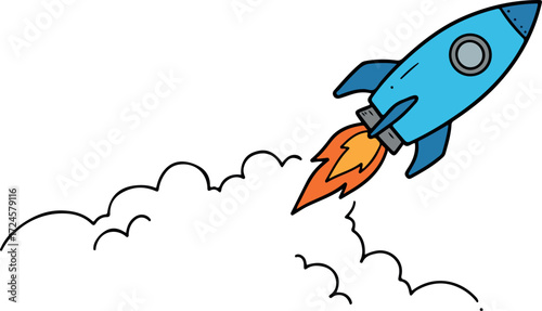 Blue rocket soaring through the sky with fiery exhaust and billowing clouds.