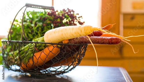 Colorful carrots and parsnips in a wire basket