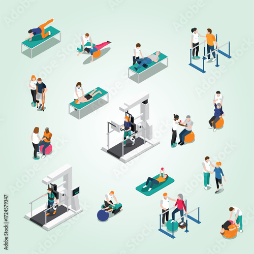 Isometric Illustration of Various Physiotherapy Rehabilitation Exercises and Equipment Scene