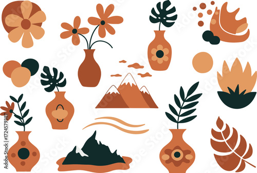 Bohemian floral art collection with vases and mountain scenery elements.