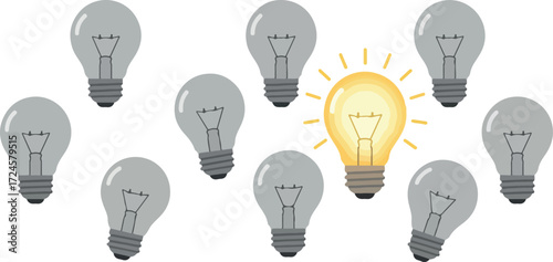 Bright Idea Concept One Light Bulb Illuminated Among Others.