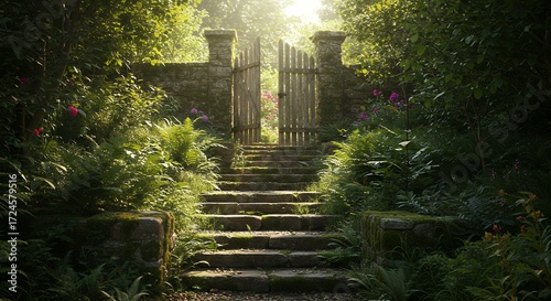 Stone steps leading through lush garden gate