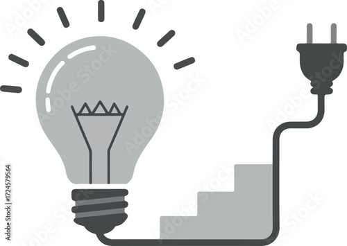 Bright idea concept showing lightbulb connected to power source and steps.