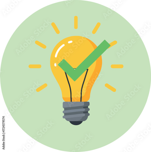 Bright idea concept with a green checkmark for success and innovation.
