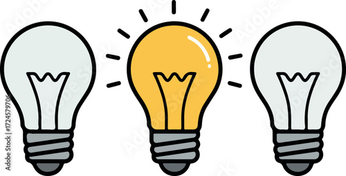 Bright idea concept with three light bulbs one glowing yellow.
